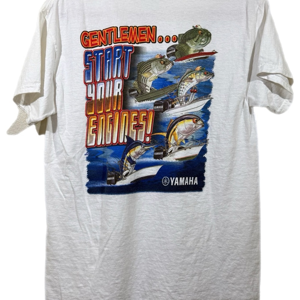 Yamaha White Graphic Men's Shirt Medium Fishing Boats